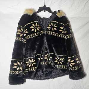 Black & tan y2k style fur lined hoodie jacket